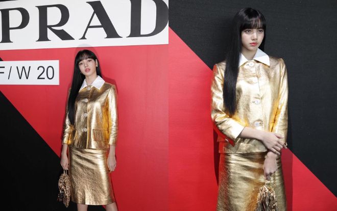 Quý cô Lisa Black Pink diện cây đồ 'vàng ươm' sang chảnh tại show Prada