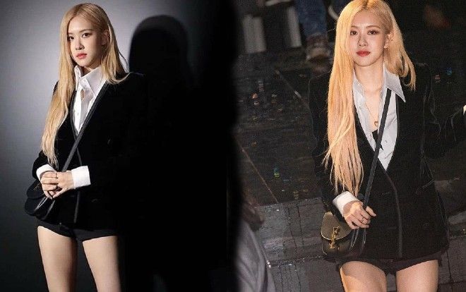 Đối lập với cây đồ kín đáo của Lisa, Rosé Black Pink diện nguyên trang phục đen khoe đôi chân dài tại show Saint Laurent