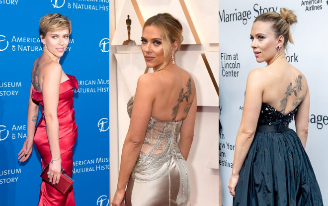 17 lần Scarlett Johansson mặc váy xẻ trước hở sau khoe hình xăm gợi cảm