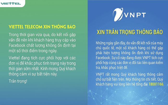 Viettel và VNPT đăng thông báo xin lỗi người dùng, giải thích việc đường truyền kém