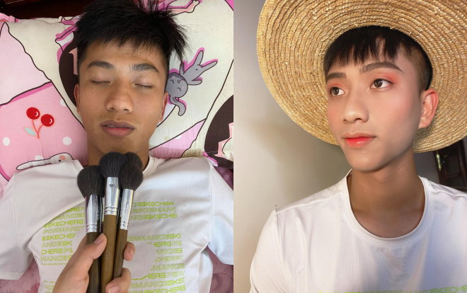 Làm mẫu cho vợ trang điểm, Văn Đức khiến fan điên đảo vì khuôn mặt xinh như hoa