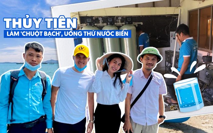 Thuỷ Tiên làm 'chuột bạch', uống thử nước biển sau khi qua máy lọc