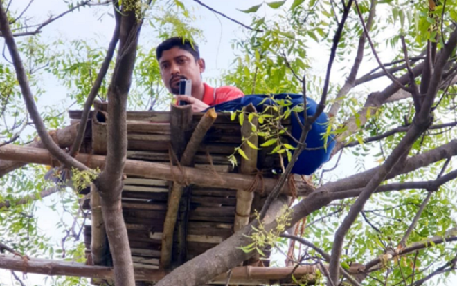 Thầy giáo Ấn Độ mang thức ăn, nước uống lên cây để bắt sóng điện thoại dạy trực tuyến