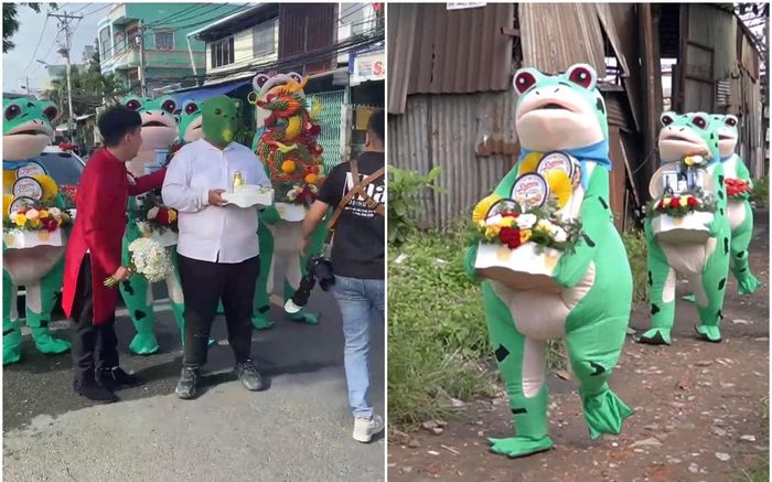 Đi xin dâu, chú rể khiến CĐM tranh cãi khi để dàn bưng tráp mặc đồ chú ếch xanh