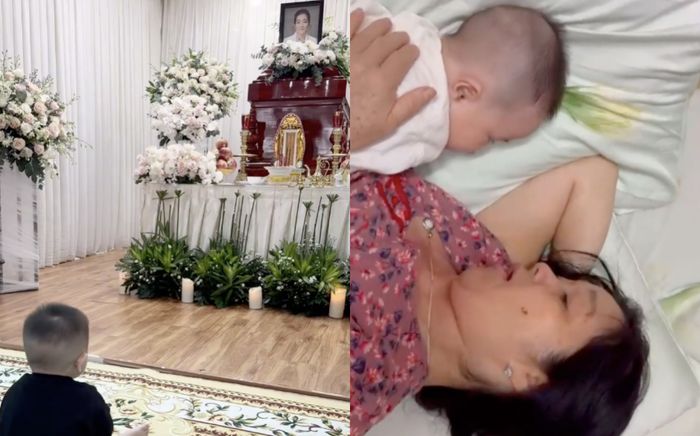 Nghẹn ngào hình ảnh con trai út Lê Dương Bảo Lâm quỳ lạy trước linh cữu bà ngoại