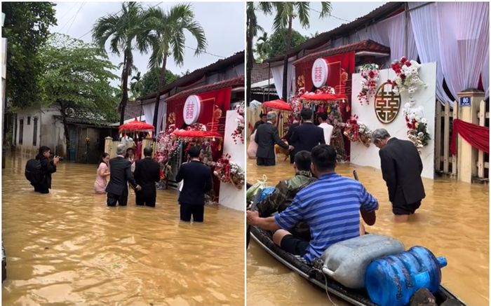 Cưới trúng mùa lụt, đằng trai lội nước bì bõm sang đằng gái xin dâu