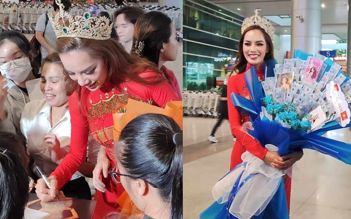 Lê Hoàng Phương rạng rỡ về Việt Nam sau nửa tháng 'càn quét' ở Thái, fan cứng tặng bó hoa tiền khổng lồ