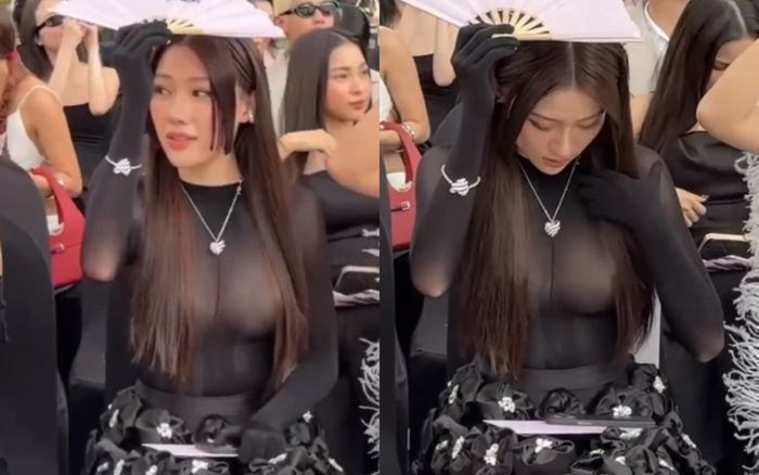 Diện đồ 'mỏng dính' đi sự kiện, em gái Trấn Thành lúi cúi che chắn vì sợ lộ 'núi đôi'