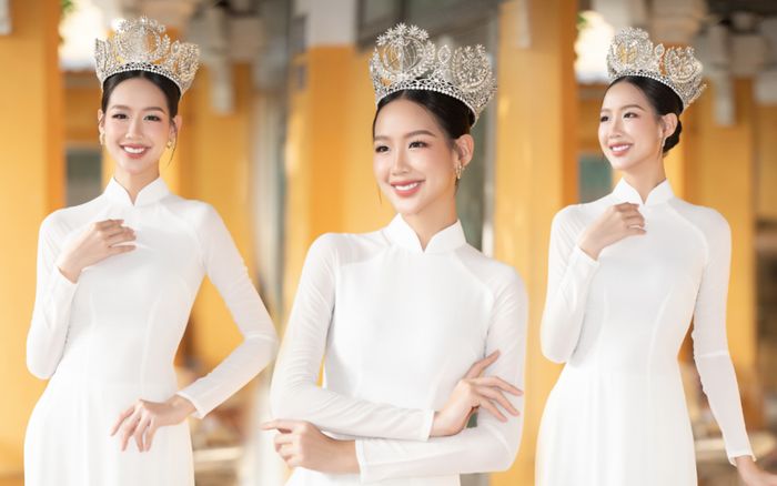 Hoa hậu Bảo Ngọc diện áo dài trắng tinh khôi về trường cấp 3, lan tỏa thông điệp 'sống xanh'