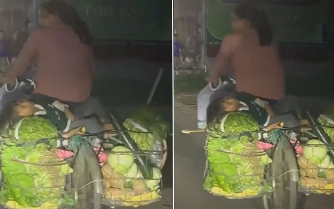 Xúc động bé gái ngủ ngon lành trên sọt rau của mẹ, tay vẫn cầm củ khoai ăn dở