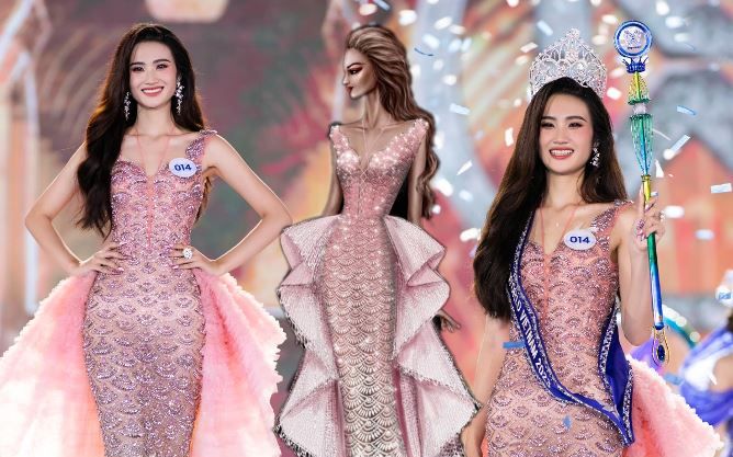 Điều thú vị xoay quanh váy dạ hội của Hoa hậu Ý Nhi: Màu hồng chuẩn Miss World