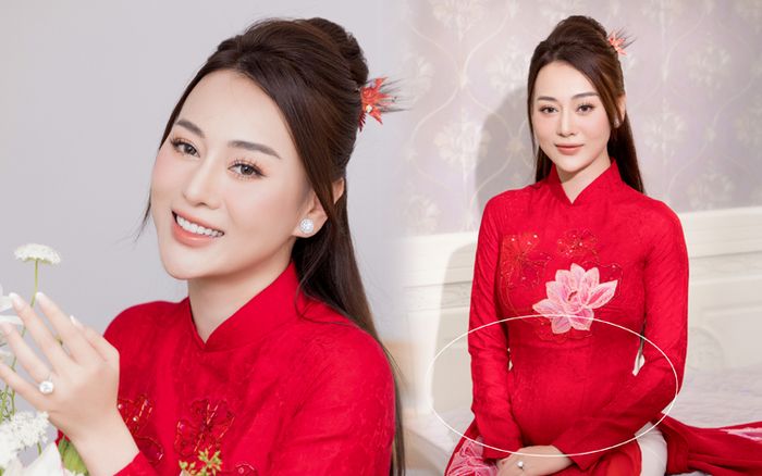 Diện áo dài bó, Phương Oanh lộ bụng lùm lùm trong ngày đám hỏi với Shark Bình