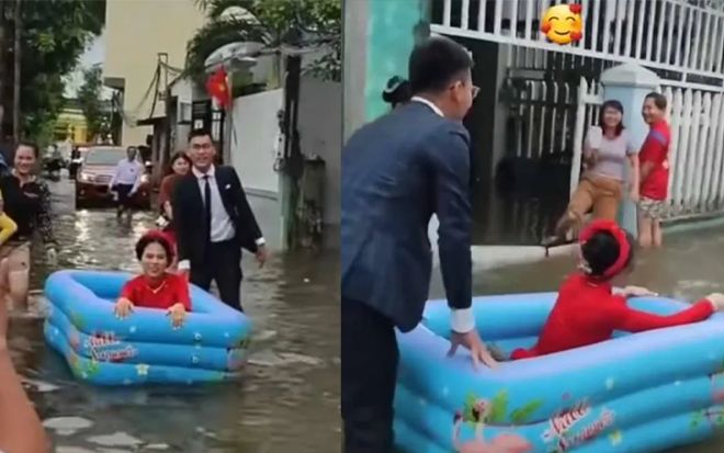 Đám cưới mùa mưa: Cô dâu cười tít mắt ngồi phao trẻ em để chồng rước về dinh