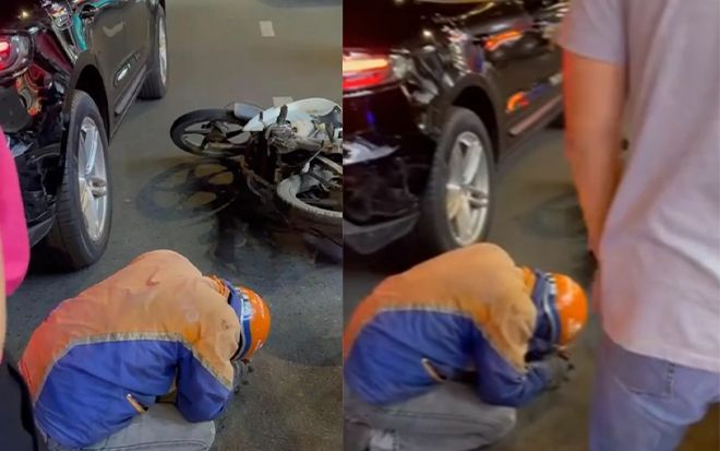 Tông vào đuôi xe Porsche, nam shipper quỳ sụp xin lỗi trong bất lực