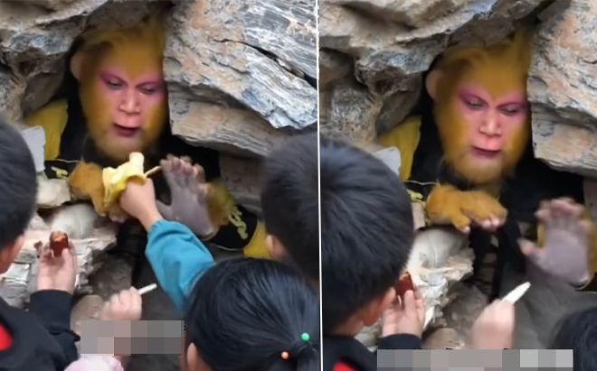 Clip 'Tôn Ngộ Không' bị các em nhỏ đút đồ ăn đến mức không kịp thở gây sốt MXH