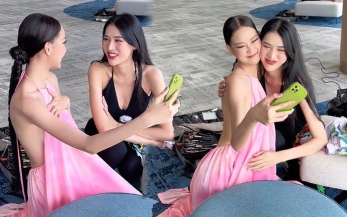 Hoa hậu Bảo Ngọc dùng tay che chắn vì sợ hớ hênh khi diện yếm hở lưng