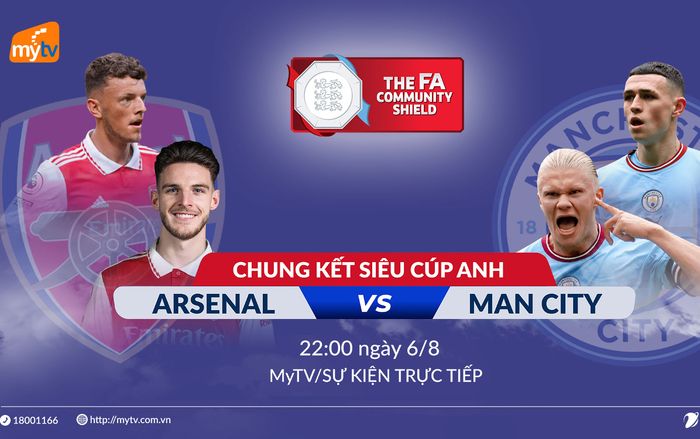 Siêu cúp Anh 2023 trực tiếp trên Truyền hình MyTV: Man City - Arsenal tái ngộ
