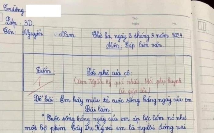 Bài văn 'tả cuộc sống hằng ngày' nhận 1 điểm, cô giáo tức đỏ mặt yêu cầu mời phụ huynh