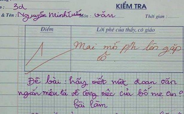 Bài văn 'tả công việc của bố mẹ' nhận điểm 1, cô giáo giận dữ mời phụ huynh lên gặp