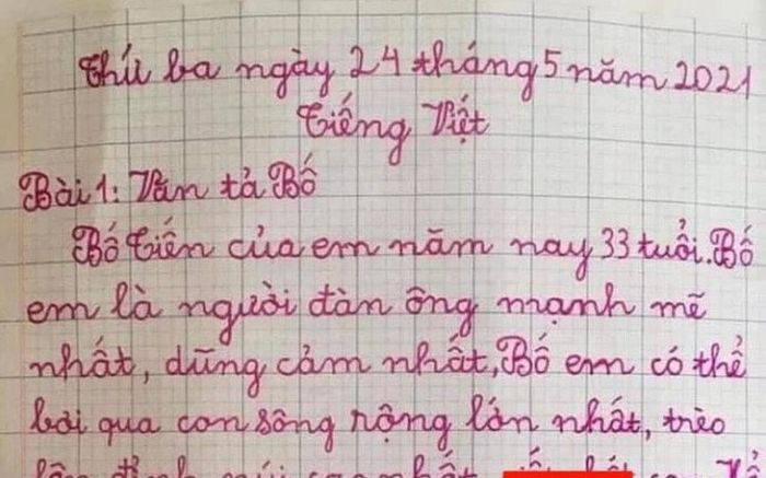 Bài văn khen bố 'mạnh mẽ và dũng cảm' nhưng đọc dòng cuối ai cũng cười ngất