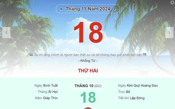 Lịch âm hôm nay 18/11/2024: Ngày đại cát, xuất hành thuận lợi