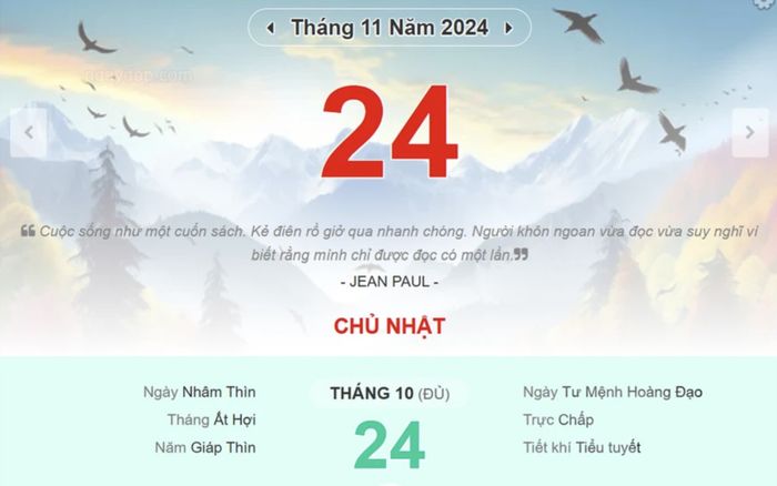 Lịch âm hôm nay 24/11/2024: Xuất hành đặng lợi, việc lớn khó thành