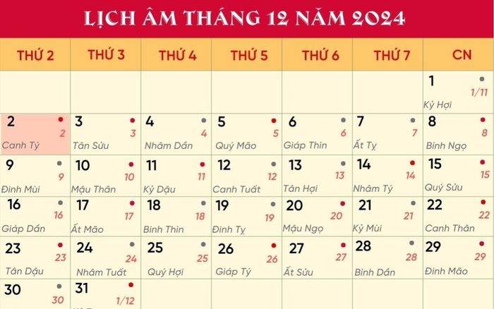 Lịch âm hôm nay 2/12/2024: Xuất hành đặng lợi, cầu tài như ý