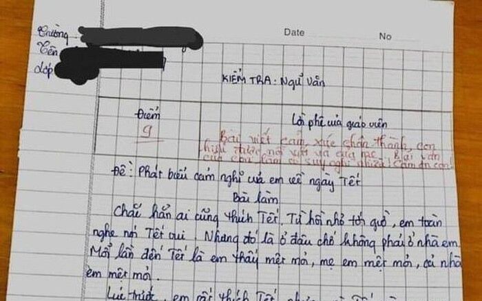 Bài văn 'em không thích Tết' được chấm 9 điểm, cô giáo còn gửi lời cảm ơn