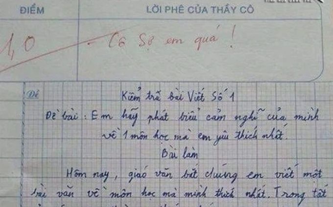 Bài văn 'kể môn học yêu thích' đạt 1 điểm, cô giáo viết lời phê vỏn vẹn 4 chữ