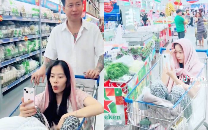 Nam Em vừa ngồi xe đẩy siêu thị, vừa livestream đôi co với người xem