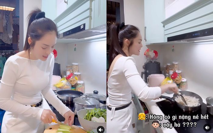 Dương Cẩm Lynh gây tò mò khi chưng diện trong lúc nấu ăn