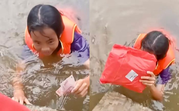 Nghe điện thoại của anh shipper, bé gái liền bơi qua sông nhận hàng khiến dân tình bất ngờ