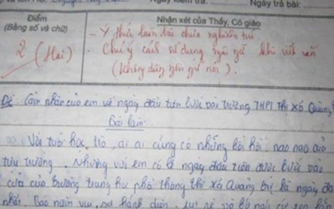 Bài văn tả ngày đầu vào trường chỉ đạt 2 điểm, cô giáo viết lời phê ai cũng đồng tình