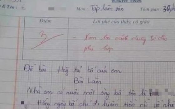Bài văn tả bố chỉ đạt 3 điểm, dân tình đọc xong liền phản đối giáo viên
