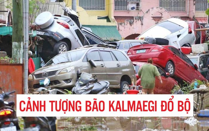 Sốc trước cảnh tượng bão Kalmaegi đổ bộ, xoáy tung xe hơi nằm chồng chất