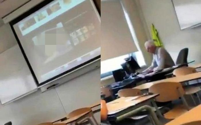 Thầy giáo lén xem một thứ trong máy tính, hình ảnh hiện lên trên máy chiếu khiến học sinh 'sốc ngang'