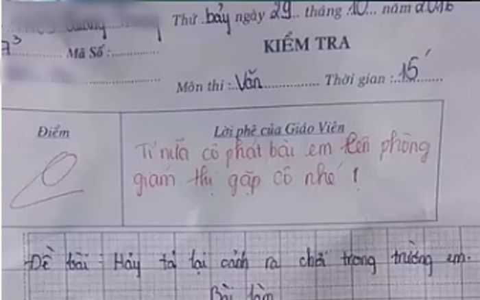 Bài văn tả giờ ra chơi bị chấm 0 điểm, cô giáo còn hẹn học trò lên phòng giám thị gặp riêng