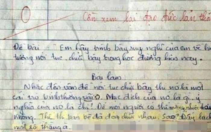 Nam sinh viết bài văn bị chấm 0 điểm, cô giáo còn đánh giá đạo đức sau khi đọc nội dung