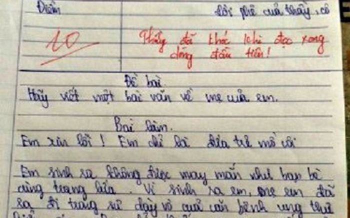 Bài văn về mẹ khiến thầy giáo bật khóc nức nở, điểm số đạt được khiến nhiều người xuýt xoa