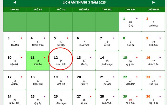 Lịch âm hôm nay 12/3/2025