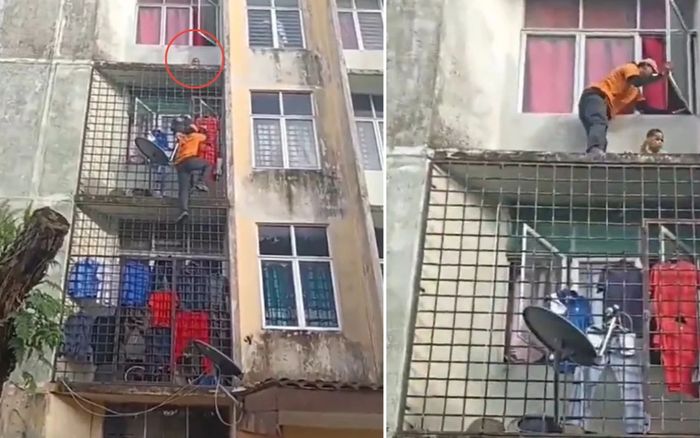 Nghẹt thở khoảnh khắc người đàn ông liều mình leo 4 tầng nhà cứu bé trai kẹt trên bệ cửa sổ