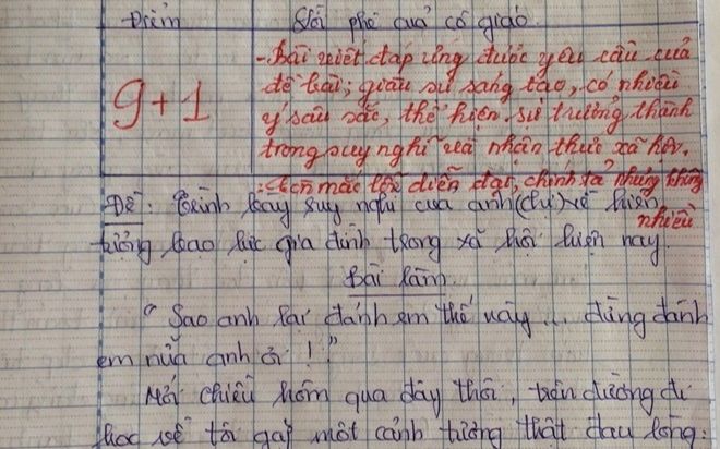 Bài văn viết về 'bạo lực gia đình' đạt điểm 10, cô giáo xúc động lưu vào nhật ký