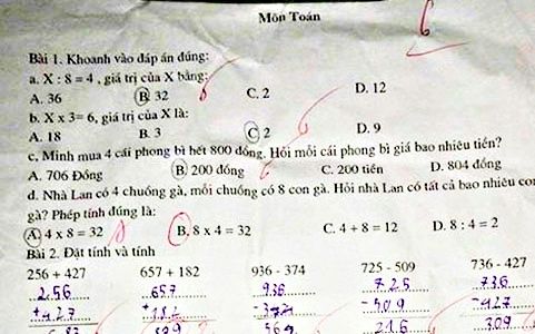 Bài toán '4x8=32' bị chấm sai, cô giáo đưa ra đáp án gây tranh cãi