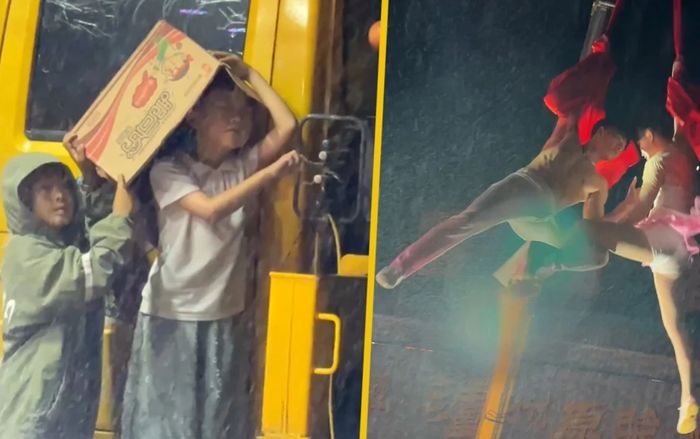 Rơi nước mắt khoảnh khắc cậu bé 6 tuổi đội mưa điều khiển cần cẩu giúp cha mẹ diễn xiếc