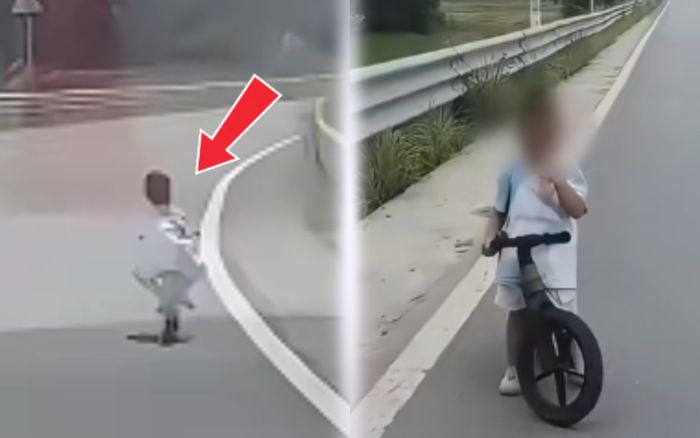 Nghẹn lòng hình ảnh cậu bé 3 tuổi trốn nhà, chạy xe thăng bằng đi tìm mẹ giữa trời nắng nóng