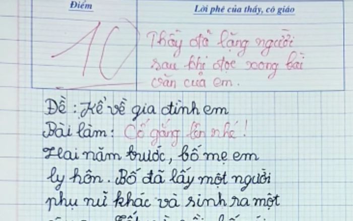 Bài văn kể về gia đình đạt điểm 10, thầy giáo lặng người sau khi đọc nội dung