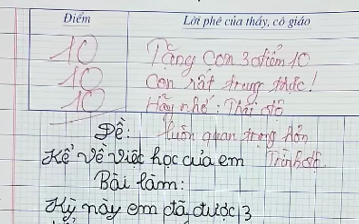 Bài văn kể về việc học được 3 điểm 0, cô giáo chấm hẳn 3 điểm 10 còn hết lời khen ngợi
