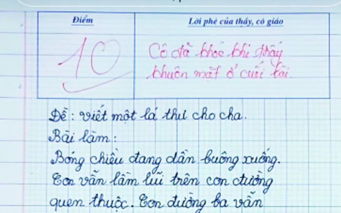 Bài văn 'viết lá thư gửi ba' của học trò lớp 4 đạt điểm 10, cô giáo bật khóc vì xúc động