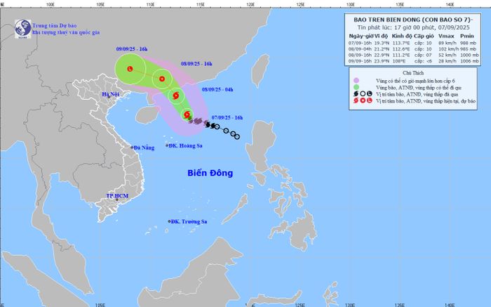 Bão số 7 tiếp tục di chuyển theo hướng Tây Bắc, gió giật cấp 13