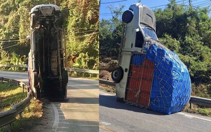 Chở hàng quá tải, chiếc xe 'chổng đầu' khi chạy lên dốc